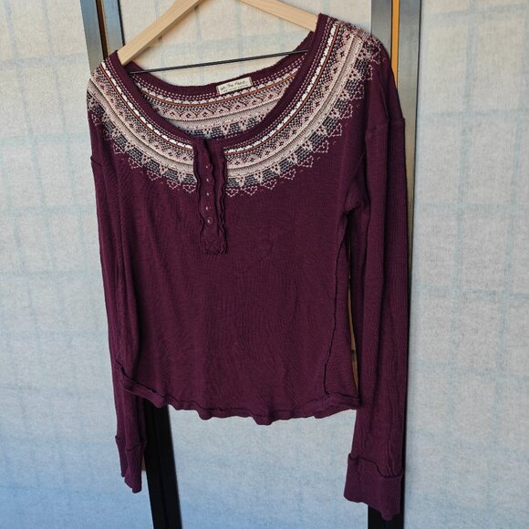 Free People Tops - Free People Fair Isle Burgundy Purple Embroidered Thermal Top With Thumbholes